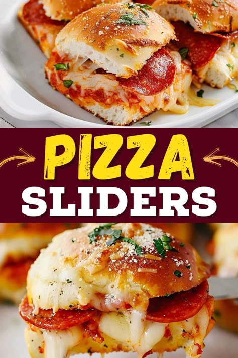 (Pepperoni) Pizza Sliders. Pepperoni Pizza Sliders, Sandwich Buffet, Pizza Sliders, Pizza Slider, Slider Sandwiches, Slider Recipes, Football Food, Garlic Parmesan, Pull Apart