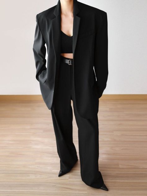 d9731321ef4e063ebbee79298fa36f56desc52756581ri Edgy Minimalist Style, Black Blazer Outfit, The Frankie Shop, Suiting Fabric, Wide Trousers, Frankie Shop, Single Button Blazer, Suit Trousers, Looks Street Style