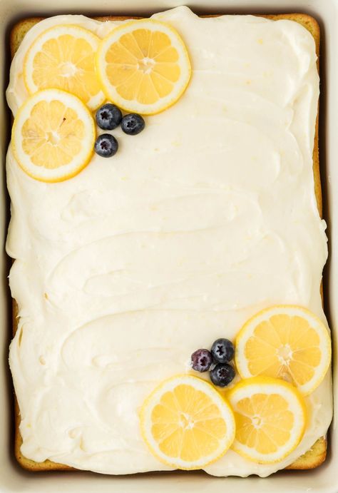 Lemon Blueberry Sheet Cake is bursting with citrus lemon flavor and juicy blueberries and topped with a luscious lemon cream cheese frosting. Lemon Blueberry Sheet Cake, Blueberry Sheet Cake, Happy Family Recipe, Orange Pineapple Cake, Lemon Blueberry Cake, Moist Lemon Cake, Lemon Cream Cheese Frosting, Blueberry Cake Recipes, Lemon Cream Cheese