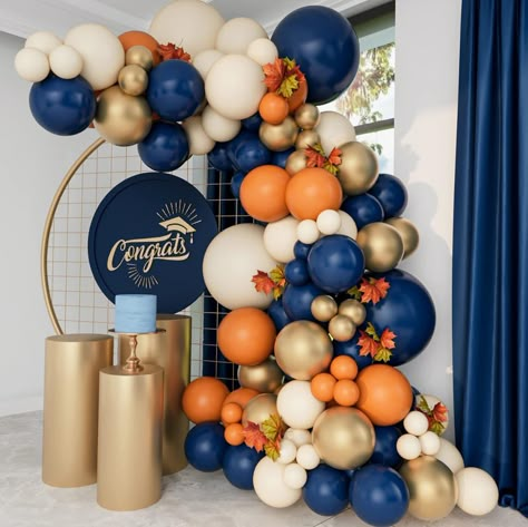 Graduation Party Ideas Blue And Orange, Blue And Orange Balloon Arch, Blue And Orange Graduation Party Ideas, Habesha Graduation, Lobola Decor, Orange Party Theme, Blue Birthday Themes, Blue Graduation Party, Grand Opening Party