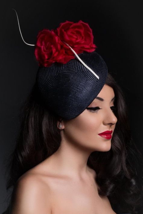 Navy Blue Parisisal Straw Teardrop Fascinator With RedRose | Etsy Ascot Style, Cream Fascinator, Black Floppy Hat, Ascot Hats, Ankara Fashion, Cerise Pink, Leather Flower, Fancy Hats, Royal Ascot