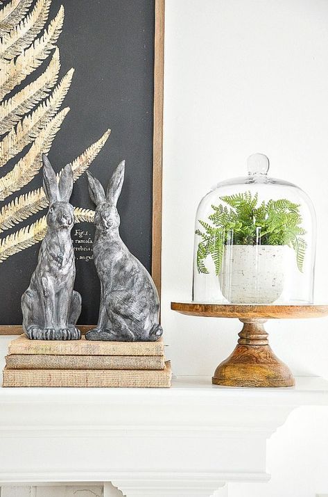 SPRING MANTEL DECORATING IDEAS Chunky Candle Holders, Spring Mantel Decorating Ideas, Mantel Decorating Ideas, Spring Mantle, Fern Prints, Diy Mantel, Spring Mantel, Mantel Decorating, Industrial Age