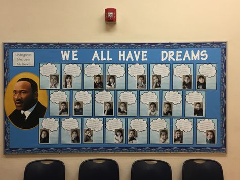 Martin Luther King Jr. bulletin board. I have a dream. Kindergarten. Student pictures Mlk I Have A Dream Craft, Student Pictures Bulletin Board, I Have A Dream Bulletin Board, Martin Luther King Jr Bulletin Board Ideas, I Have A Dream Martin Luther King, Martin Luther King Jr Bulletin Board, Martin Luther King Bulletin Board Ideas, Mlk Bulletin Board Ideas, I Have A Dream Craft