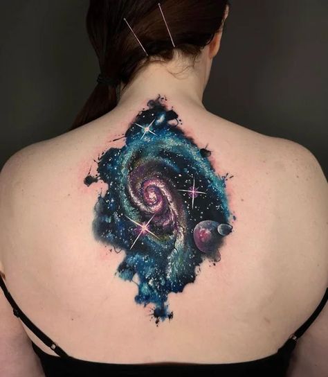 Tattoo Of Universe, Galaxy Tattoo Background, Galaxy Back Tattoo Women, Galaxy Neck Tattoo, Nebula Tattoo Galaxies, Dark Galaxy Tattoo, Galaxy Chest Tattoo Female, Celestial Tattoo Cover Up, Watercolor Tattoo Coverup