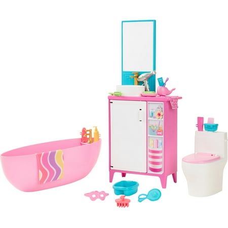 Barbie Dolls Accessories, Halloween Event Decor, Sink Station, Barbie Bath, Pink Tub, Barbie Things, Toilet Vanity, Barbie Playsets, Barbie Kids