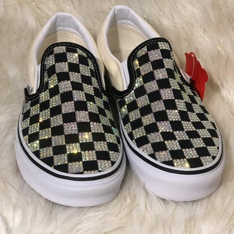 Custom Bling Checkerboard Slip On Vans. Please Be Aware That Processing Time Can Be Upto 2 Weeks & This May Vary Depending On The Shoe & Design Being Done. Sneakers May Be Shipped Without The Box If Doesn't Fit Once Wrapped. Shoes Will Be Packaged Securely. More Crystal Colors Available. Please No Offers. Made To Order. Bedazzled Vans, Checkered Shoes, Slip On Vans, Disney Vans, Rainbow Sneakers, Green Vans, Crystal Colors, Van Color, Custom Bling