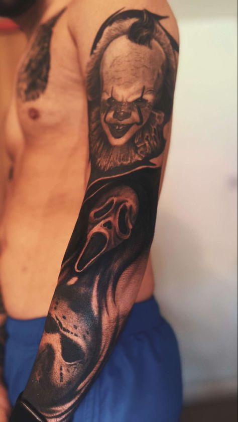 Ghostface Arm Tattoo, Ghostface Hand Tattoo, Scream Mask Tattoo, Leather Face Tattoo, Horror Movie Sleeve, Art The Clown Tattoo, Scary Tattoo Designs, Jason Mask Tattoo, Ghost Face Tattoo