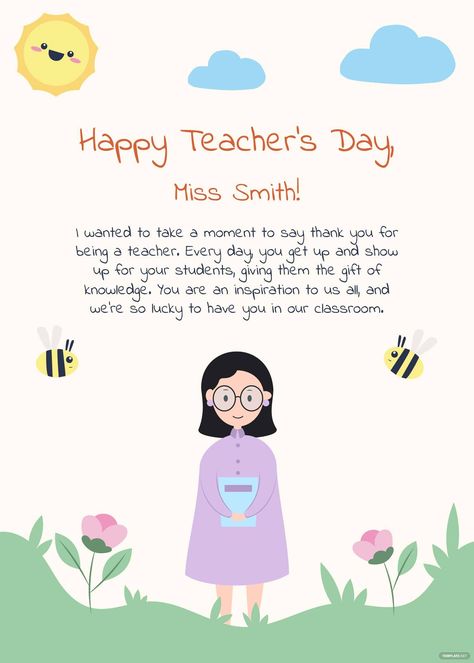 Free Cute Teacher's Day Card Lines For Teachers Day Card, Grating Card For Teachers Day, Last Day Card For Teacher, Teacher's Day Letter Ideas, Card Happy Teacher Day, Greeting Card Design Teachers Day, Short Letter For Teachers Day, Teachers Day Letter From Students, Happy Teacher Day Card Design