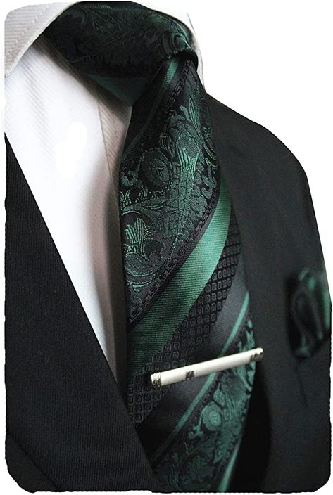 Amazon.com: JEMYGINS Dark Green Floral Tie, Silk Necktie and Pocket Square Hankerchef Tie Clip Sets for Men(3): Clothing Green Floral Tie, Butch Fashion, Dark Green Wedding, Forest Theme Wedding, Floral Necktie, Groom And Groomsmen Attire, Green Suit, Prom Suits, Green Theme