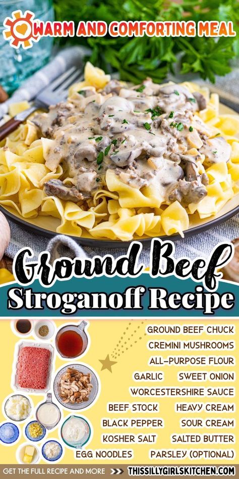 This ground beef stroganoff recipe from This Silly Girl's Kitchen is an ideal choice for a busy weeknight when you're craving something hearty and satisfying but short on time. Using simple and easy-to-find ingredients, you'll still get that familiar and loved beefy flavor. To elevate the dish, we're adding heavy cream and Worcestershire sauce for an extra touch of richness! Ground Beef Stroganoff Recipe, Easy Ground Beef Stroganoff, Easy Beef Stroganoff, Hamburger Stroganoff, Hamburger Dishes, Beef Stroganoff Recipe, Ground Beef Stroganoff, Easy Ground Beef, Stroganoff Recipe