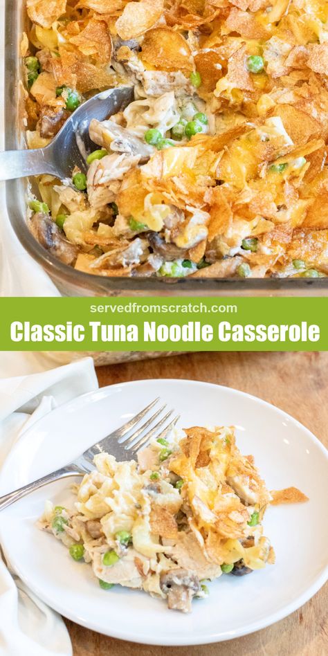 It's comfort food at its finest but with some serious from scratch flair! Our Classic Tuna Noodle Casserole is a nostalgic throwback but made with our cream of mushroom soup from scratch and topped with homemade potato chips making this classic casserole even better! Tuna Noodle Casserole From Scratch, Tuna Noodle Casserole With Potato Chips, Classic Tuna Noodle Casserole, Homemade Mushroom Soup, Comforting Recipes, Fresh Green Bean Casserole, American Potato Salad, Homemade Potato Chips, Tuna Noodle Casserole