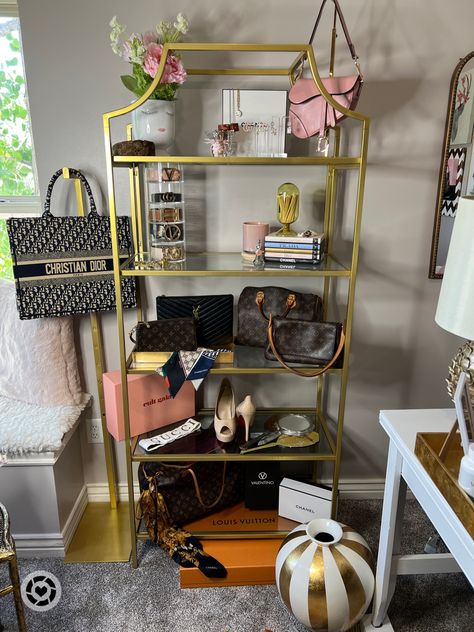 Best selling Bookshelf/ designer pieces showcase Purse Display Ideas Retail, Purse Room, Purse Display, Designer Books, Earring Holders, Taurus Moon, Gold Tray, Boutique Display, Belt Holder