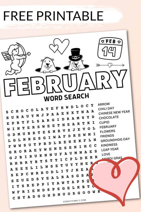 Valentines Homeschool Free Printables, February Colouring Page, February Kids Activities, Valentine Word Search Free Printable, Valentines Day Activities For Kids Free Printable, Valentines Activities For Kids Classroom, February Word Search, Valentines Day Worksheets, February Word