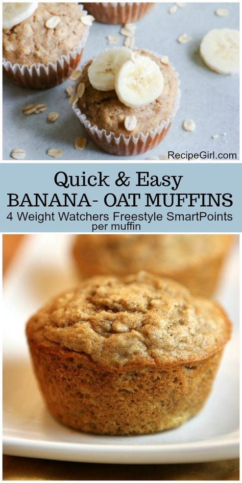 Quick and Easy Banana Oat Muffins recipe from RecipeGirl.com : #weightwatchers #SmartPoints #wwfreestyle Bariatric Baking, Healthy Banana Oat Muffins, Oat Muffins Healthy, Banana Oat Muffins Healthy, Sandwich Vegetarian, Resepi Biskut, Banana Oat Muffins, Ww Freestyle, Banana Oat