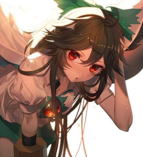 Anime picture  				1000x1098 with   		touhou  		reiuji utsuho  		kikugetsu  		long hair  		single  		tall image  		looking at viewer  		red eyes  		brown hair  		simple background  		fringe  		white  		ahoge  		hair between eyes  		parted lips  		:o  		leaning  		leaning forward  		puffy sleeves  		arms behind head Utsuho Reiuji, Bird Girl, Sunday Special, Cartoon Jokes, Simple Backgrounds, Art Website, Anime Movies, Me Me Me Anime, Anime Images