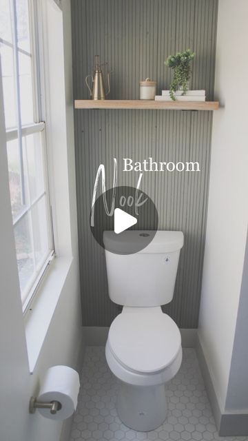 Kelsey Gibby on Instagram: "Such a quick and easy way to add a big impact to a small space. Love this little accent wall for behind a bathroom toilet and the best part is this only took about an hour to complete! Not to mention it was super affordable! Comment “materials” below to get list of all the supplies I used for this accent wall." Wooden Wall Bathroom Ideas, Tiny Toilet Room Ideas Modern, Bathroom Wall Behind Toilet, Modern Downstairs Toilet Ideas, Bathroom Paint And Wallpaper Ideas, Small Space Accent Wall, Closet Toilet Ideas, Accent Wall For Bathroom, Accent Wall Ideas For Bathrooms