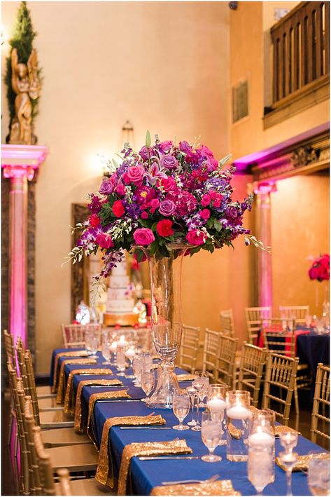 Fushia And Navy Blue Wedding, Royal Blue And Hot Pink Wedding Theme, Blue And Pink Wedding Centerpieces, Navy Wedding Reception, Rehearsal Brunch, Pink Indian Wedding, Pink And Navy Wedding, Navy Wedding Theme, Pink Table Decorations