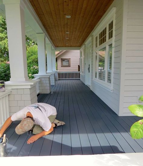 Cloverdale Paint's SharkSkin® Deck and Siding Stain in navy blue courtesy of @Warline Painting Painting! Blue Deck Ideas, Blue Deck Paint, Deck Colours, Navy Blue House Exterior, Navy Blue Houses, Cloverdale Paint, Deck Stain Colors, Pretty Porches, Backyard Goals