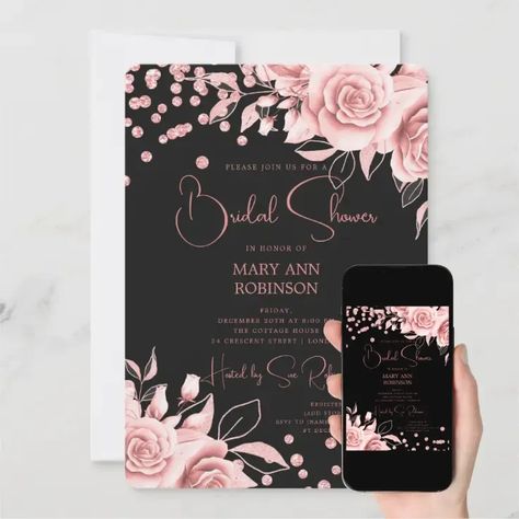 Rose Gold Floral Glitter Bridal Shower Black Invitation (Downloadable) Rose Bridal Shower Ideas, Pearl Bridal Shower, Glitter Bridal Shower, Shower Black, Black Invitation, Black Bridal, Pearl Bridal, Floral Bridal Shower, Floral Bridal