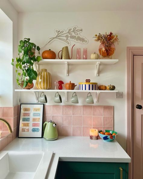 Throwing it back to last year’s autumnal styling in our pink and green kitchen, time to get the pumpkins out 🎃🍂🍁 The house has been turned upside down as we’ve started work on the bathroom, the project I’ve been waiting for over 3 and a half years to start! Here’s your daily reminder that projects take time 🙌 #greenkitchen #pinkandgreeninteriors #colourfulkitchen #pinkandgreen #colourfulinterior #mycolourfulhome #worktops #kitchendesign #kitchenworktops #pinktiles #kitchenrenovation #kitche... Pink And Green Kitchen, Yellow Kitchen Cabinets, Kitchen Cabinet Inspiration, Green Backsplash, Colourful Kitchen, Pastel Home Decor, Throwing It Back, Kitchen Time, Stunning Interior Design