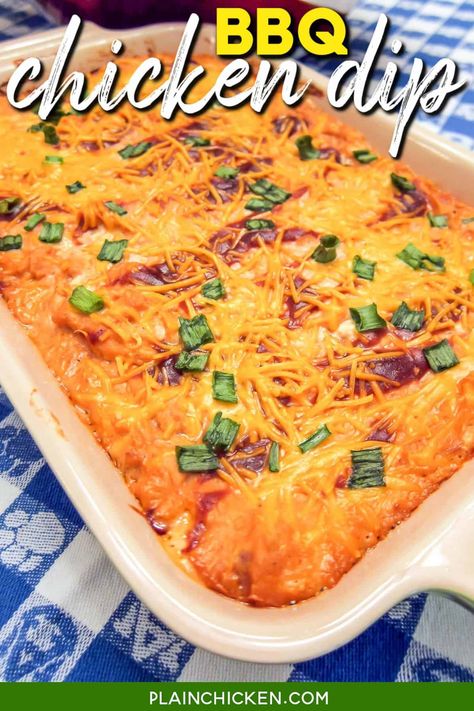 BBQ Chicken Dip - super easy make-ahead dip for a party! Chicken, cream cheese, bbq sauce, ranch dressing, cheddar cheese, and green onions - I could eat this dip as a meal! It is SOOOO good! Great dip recipe for parties. Everyone always wants the recipe. #bbq #chicken #dip #lowcarb #glutenfree #gameday Dips With Rotisserie Chicken, Tailgate Chicken Recipes, Bbq Chicken Dip Cream Cheese, Ranch Bbq Sauce, Pulled Chicken Dip, Recipes For Bbq Party, Canned Chicken Dip Recipes, Barbecue Chicken Dip, Bbq Chicken Dip Recipe