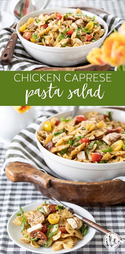 Delicious Chicken Caprese Pasta Salad #chicken #caprese #pastasalad #pasta #salad #recipe #basil #tomato #mozzarella Chicken Caprese Pasta Salad, Pasta Salad Chicken, Chicken Caprese Pasta, Unique Pasta Salad, Caprese Pasta Salad Recipes, Chicken Caprese, Cold Lunch, Cold Salads, Caprese Pasta Salad