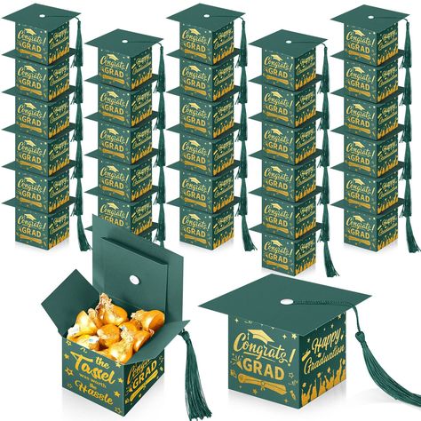 Green Graduation Party Ideas, Green And Gold Graduation Party Ideas, Class Graduation Gifts, Graduation Cap Candy, Graduation Boxes, Twins Graduation, Party Favors Graduation, Green Graduation Party, Gold Graduation Decorations