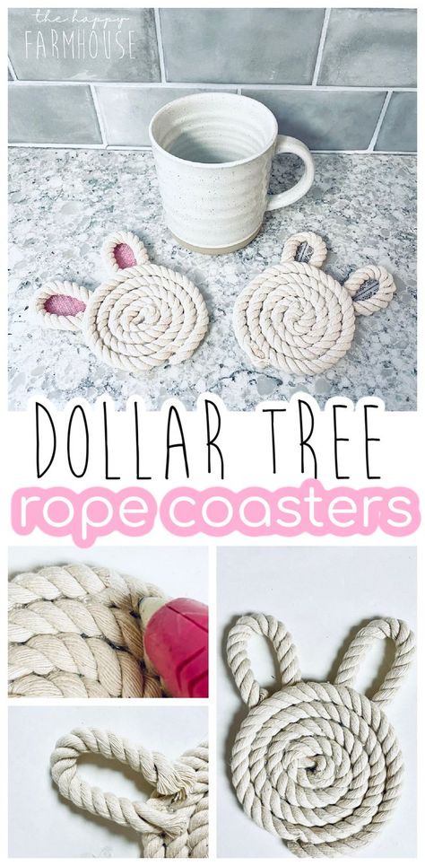 Dollar Tree Bunny, Easter Crafts To Make, Easter Crafts Dollar Store, Dollar Tree Easter Crafts, Rope Coasters, Easter Crafts For Adults, Easter Craft Decorations, Easy Easter Decorations, Diy Crafts For Adults