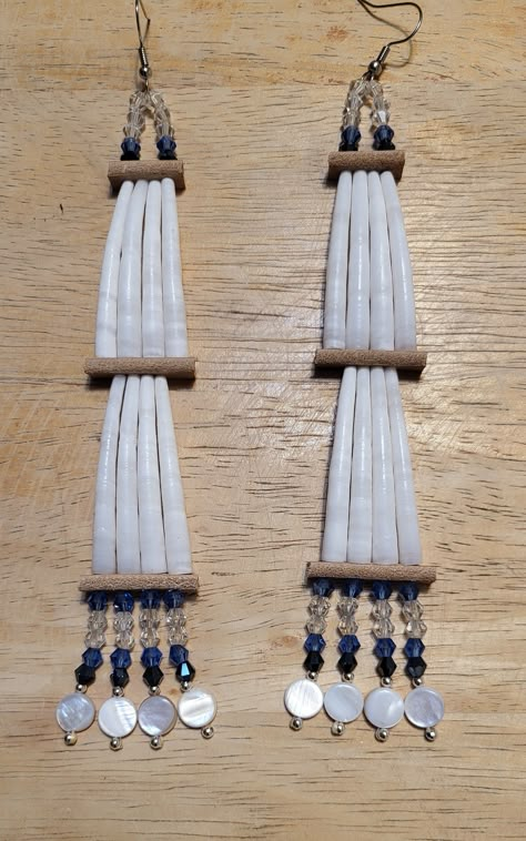 Dentalium Shells, Bicone Beads, Sinew, and Latigo Leather. Jingle Shell Jewelry, Dentilium Earrings, Dentillium Necklace, Dentillium Earrings, Beaded Earrings With Dentalium, Dentallium Earrings, Dentillium Earrings Native American, Dentalium Necklace, Dentalium Earrings