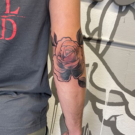 Outer Elbow Rose Tattoo. @reborntattoocare #tattoo #tattoodesign #Inked #tattooartist #artist #artistoninstagram #tattooart #minnesota #Tattooed #ink #illustration #blackandgraytattoos #rosetattoo #elbowtattoo Rose Tattoo On Elbow, Elbow Rose Tattoo, Outer Elbow Tattoo, Rose Elbow Tattoo, Elbow Tattoo, Elbow Tattoos, Ink Illustration, English Roses, Rose Tattoo