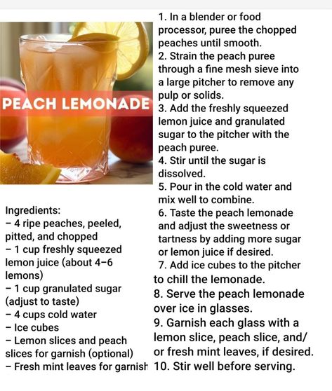 Peach lemonade Peach Mango Lemonade, Mango Lemonade, Peach Lemonade, Peach Puree, Peach Mango, How To Squeeze Lemons, Lemonade, Food Processor Recipes, Juice