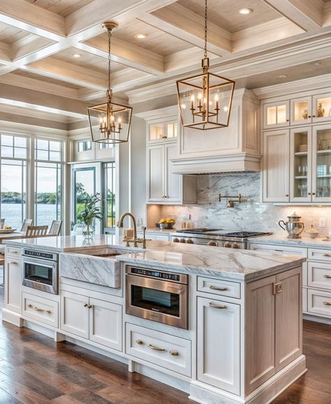 Lighter Kitchen Cabinets, Modern Big Kitchen Design, Kitchen Design With White Cabinets, Country French Kitchen Ideas, Two Kitchen Islands Layout, Kitchen With Island Stove, Modern Vintage Kitchen Ideas, White Kitchen Ideas With Island, Double Ovens In Kitchen Layout