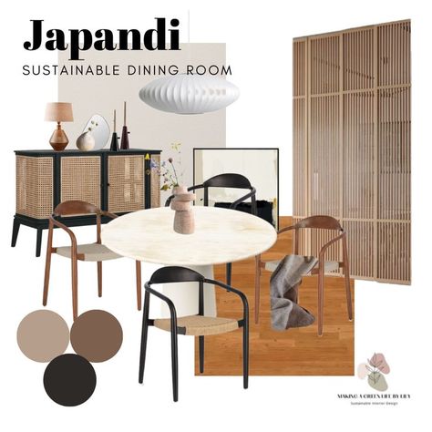 Looking for inspiration for Japandi Style design? I have many sustainable Japandi mood boards on my blog. Check them from here! #sustainablehome #sustainableinteriordesign #japandi #interiormoodboard Japandi Concept Board, Japandi Mood Board Interior Design, Japandi 2023, Japandi Dining Area, Japandi Workspace, Japandi Small Apartment, Japandi Mood Board, Japandi Dining Room Design, Dining Room Mood Board