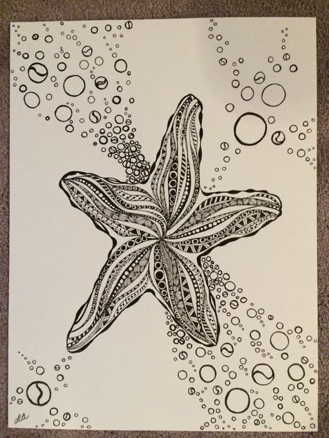 Zentangle Starfish for Tracey Underwater Zentangle Doodles, Seaweed Zentangle, Zentangle Ocean Patterns, Zentangle Stingray, Zen Tangle Fish, Starfish Line Art, Animal Zentangle Art, Zentangle Starfish, Underwater Zentangle