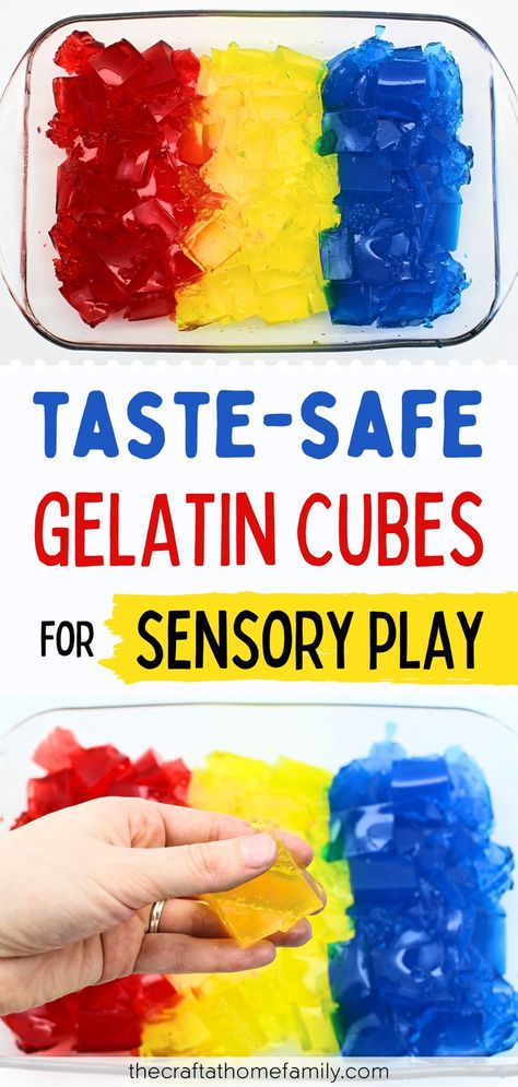 Does your toddler like to put everything in their mouth? These colourful gelatin cubes and fun, easy to make and totally taste-safe! Choose your child’s favourite colour or use multiple colours to create a rainbow jelly sensory bin for your little one to squish between their fingers. Find out how to prepare this easy edible sensory activity for kids using unflavored gelatin, food coloring and water. Taste-safe blocks are perfect for babies, infants, toddlers and preschoolers to play with! Edible Sensory, Edible Sensory Play, How To Make Gelatin, Sensory Play Recipes, Sensory Play Toddlers, Toddler Sensory Bins, How To Make Jelly, Jelly Slime, Rainbow Jelly