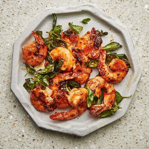 Shrimp and Basil Stir-Fry —Asian, seafood, summer, quick, easy Marinade Shrimp, Charred Shrimp, Basil Stir Fry, Making Pesto, Basil Shrimp, Garlicky Shrimp, Cut Sugar, Best Shrimp Recipes, Fresh Shrimp