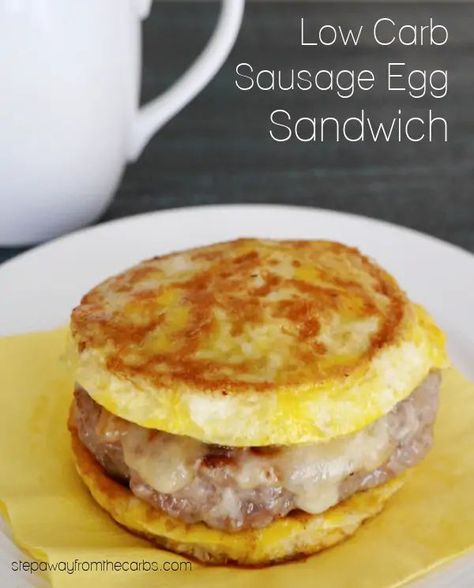 This sausage, egg, and cheese sandwich contains just 2g net carbs - total! A low carb, gluten free, and keto-friendly breakfast or brunch for one! Keto Egg Sandwich, Low Carb Egg Sandwich, Keto Egg Sandwich Breakfast, Low Carb Breakfast Sandwich, Sausage Egg And Cheese Sandwich, Food Recipes Keto, Keto Breakfast Sandwich, Sausage Egg Sandwich, Low Carb Sausage