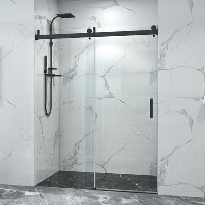 Spanning a generous width of 68 to 72 inches and a height of 76 inches, this door is designed to transform your showering experience. The premium 3/8 inch (10mm) thick tempered glass ensures durability and safety, meeting the highest quality standards. The frameless design exudes modern sophistication, while the soft-close mechanism guarantees a serene, noise-free environment. Upgrade your bathroom with this luxurious addition that promises beauty and performance in equal measure. | OUTMOIN Chri Grey Black White Bathroom, Bathroom With Glass Shower Door, Rustic Staircase, Safety Meeting, Master Bath Shower, Frameless Sliding Shower Doors, Full Bathroom Remodel, Frameless Shower Door, Natural Bathroom