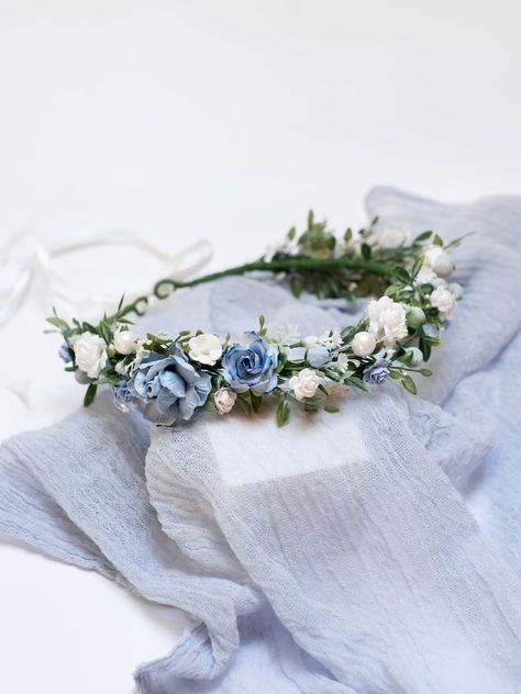 White Flower Headpiece, Flower Crown Blue, Blueberry Wedding, Blue Flower Headband, Boho Floral Crown, Bridal Hair Pieces Flower, Blue Flower Crown, Bridesmaid Crown, Flower Crown Bridesmaid