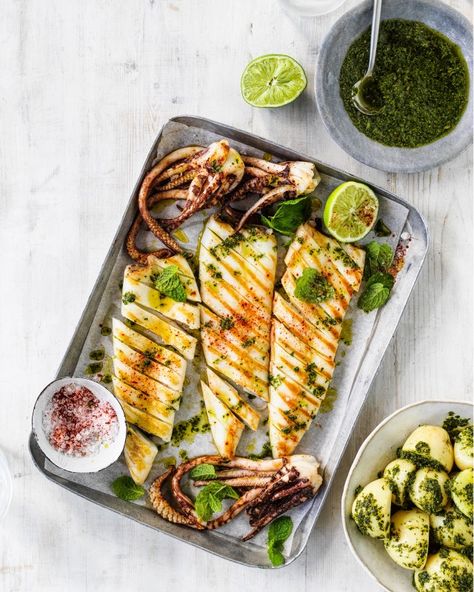 BBQ Squid Tubes with Salsa Verde Recipe | myfoodbook Bbq Squid, Coriander Chicken, Beef Lasagne, Aussie Bbq, Bbq Seafood, Squid Recipes, Salsa Verde Recipe, Verde Recipe, Meat Recipes For Dinner