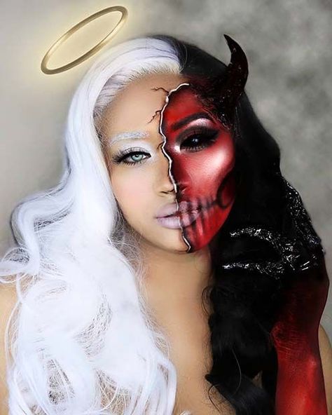 Angel Makeup Ideas, Angel Halloween Makeup, 천사와 악마, Makeup Ideas For Halloween, Demon Makeup, Devil Makeup, Halloweenský Makeup, Holloween Makeup, Angel Makeup