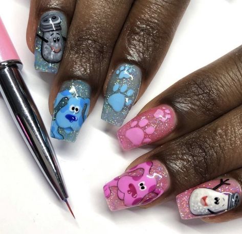 Short Nails Cartoon Design, Exotic Nail Designs, Gender Reveal Nails, Cartoon Nail Designs, Rounded Acrylic Nails, Nail Designs Bling, Character Nails, Firework Nails, Cartoon Nails