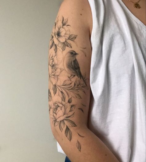 Floral Bird Tattoo Sleeve, Bird Arm Sleeve Tattoo, Robin Arm Tattoo, Floral And Bird Tattoo, Bird Sleeve Tattoo Women, Tatoos Girl, Tree Tattoo Arm Sleeve, Half Sleeve Tattoo Upper Arm, Bird Tattoo Sleeves