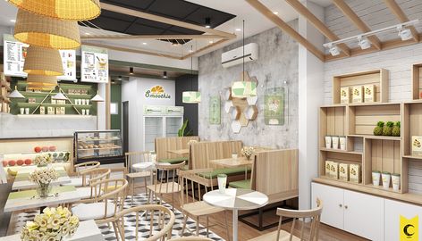 Design of fruit juice shop on Behance Juice Bar Interior, Juice Bar Design, Juice Shop, Bakery Design Interior, Cafe Shop Design, Coffee Shops Interior, Counter Design, Side Table Design, Cafe Interior Design