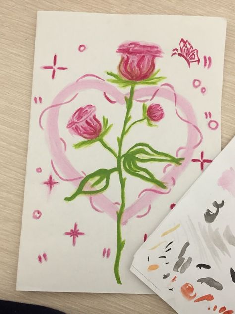 Oil Pastel Strawberry Drawing, Pink Drawing Ideas Easy, Pretty Painting Ideas Easy, Ela Drawing, Water Paint Drawings, Oil Pastel Paintings Ideas, Drawing Ideas With Color, Doodles Birthday, Diary Painting