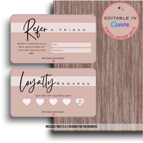 Referral Cards Business, Esthetician Loyalty Card, Beauty Loyalty Card Ideas, Punch Cards Business, Referral Card Design, Refer A Friend Card, Reward Card Design, Refer A Friend Promotion Ideas, Loyalty Cards Ideas