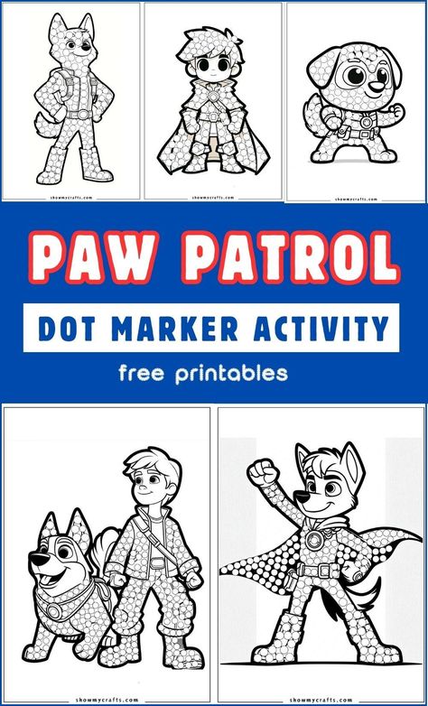 Add some paws-itively fun flair to your little one's coloring experience with these Paw Patrol Dot Marker Printables! Perfect for tiny hands, these printable sheets feature everyone's favorite canine heroes in vibrant designs, ready to be filled in with colorful dot markers. Download and print today for hours of imaginative fun! #pawpatrol #pawpatroldotmarker #dotmarker #dotpainting #freeprintable Paw Patrol Crafts, Dot Marker Printables, Dot Marker Activities, Dot Worksheets, Paw Patrol Characters, Do A Dot, Free Coloring Sheets, Painting Activities, Tiny Hands