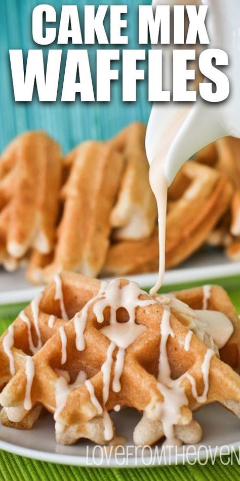 Cake Mix Waffles, Vanilla Cake Mix Recipes, Cinnamon Roll Glaze, Cake Mix Cinnamon Rolls, Cake Mix Pancakes, Make Waffles, Waffle Cone Recipe, Yummy Waffles, Homemade Vanilla Cake