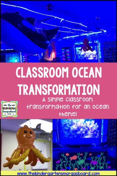 Habitat Classroom Transformation, Ocean Theme For Kindergarten, Ocean Transformation Classroom, Under The Sea Classroom Transformation, Ocean Room Transformation, Kindergarten Room Transformation, Ocean Theme Classroom Activities, Ocean Classroom Transformation, Ocean Themed Classroom Ideas