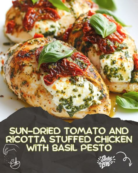 Savory chicken stuffed with ricotta and sun-dried tomatoes, seared, baked, and drizzled with fresh basil pesto. A flavorful, easy dish perfect for any dinner! Pesto And Chicken Recipes, Ricotta Stuffed Chicken Breast, Tomato And Ricotta, Tomato Pesto Chicken, Chicken With Basil, Pesto Chicken Breast, Luscious Recipes, Basil Pesto Chicken, Fresh Basil Pesto